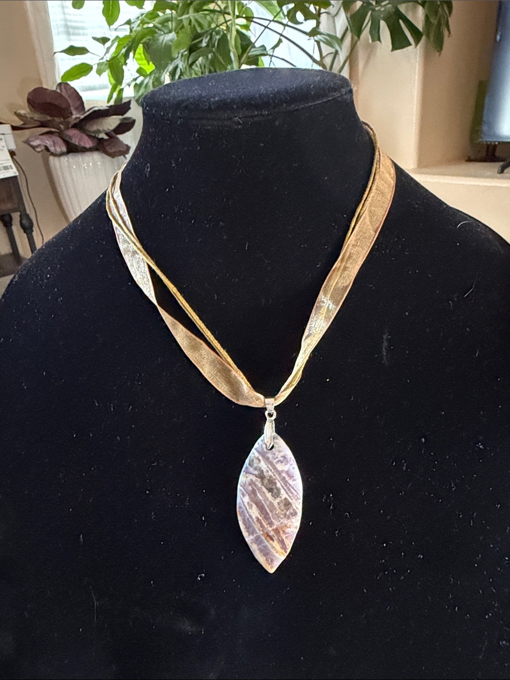 Gold Ribbon Necklace with Purple Marbled Pendant